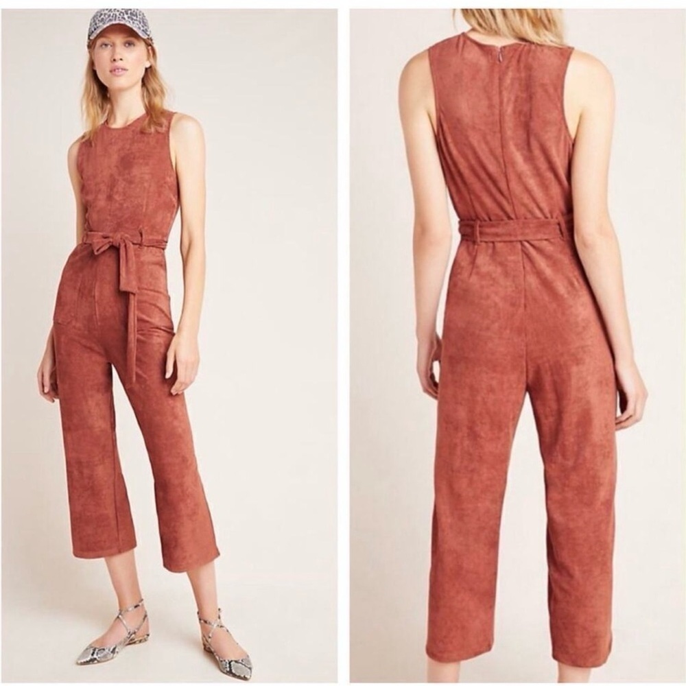 Anthropologie Brown Faux Suede Sleeveless Belted Jumpsuit Pockets Women Large